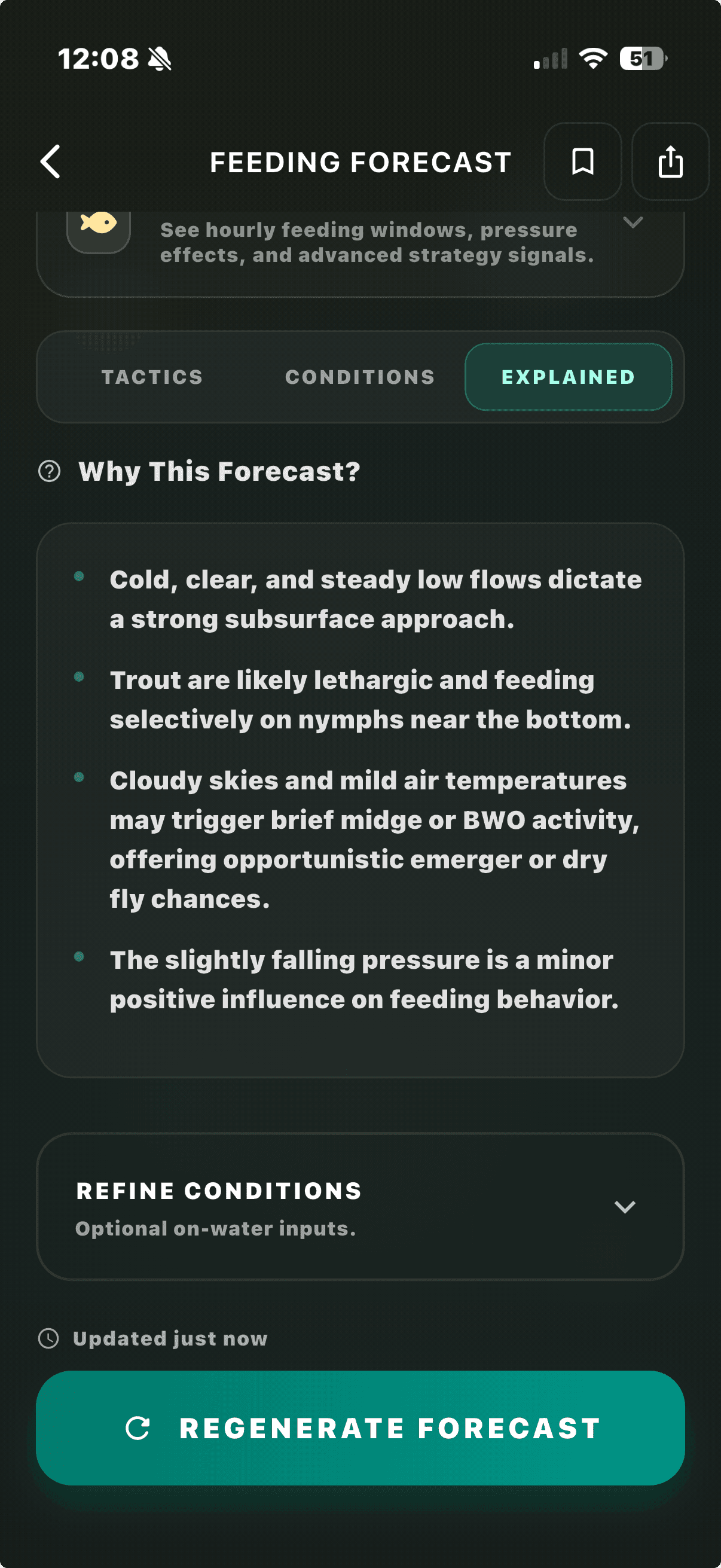 Buggin app screen explaining a fly fishing forecast