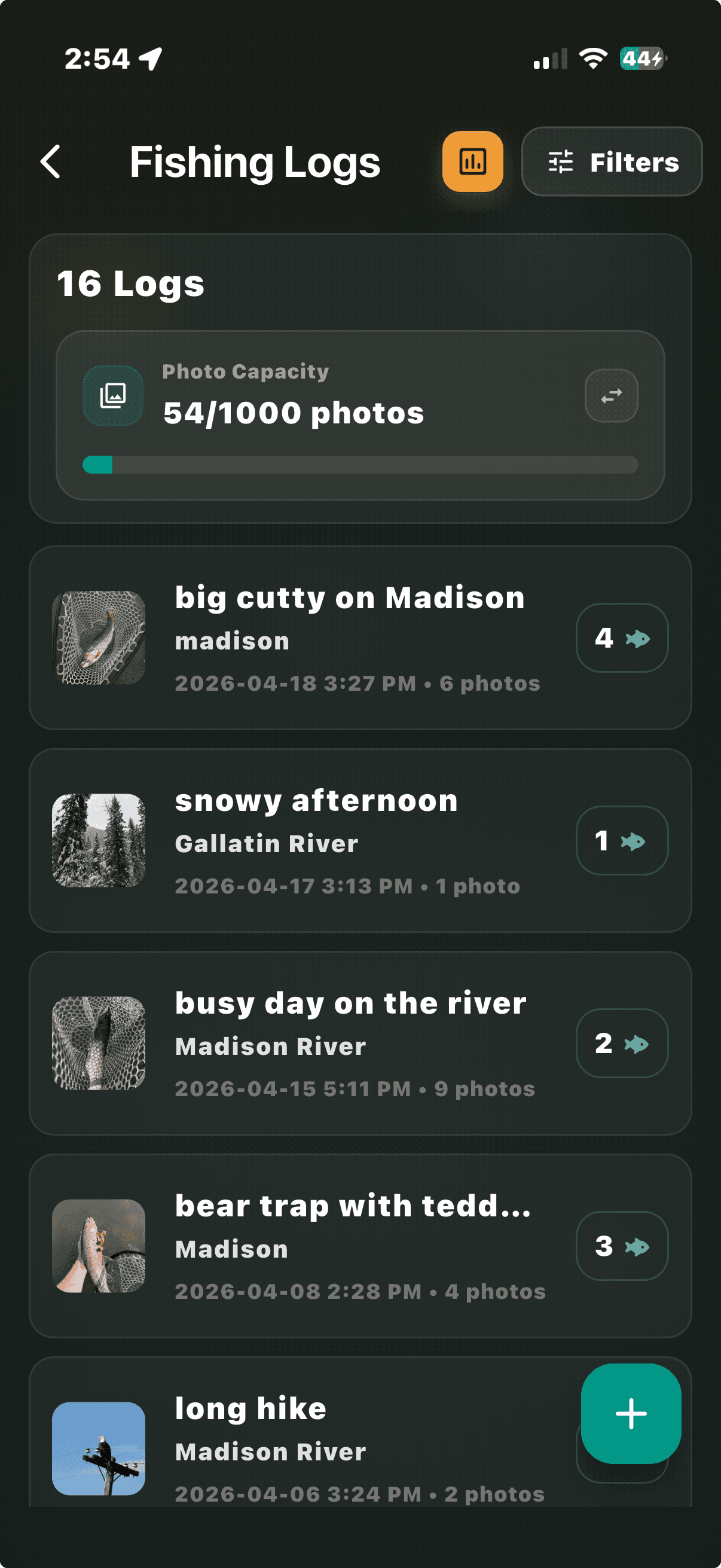Buggin app screen showing recorded fishing trips