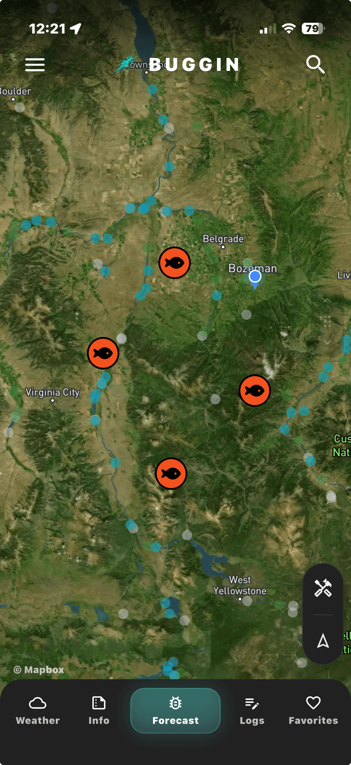 Buggin app map showing fly fishing locations
